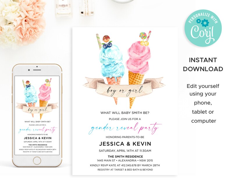 Eiscreme Gender Reveal Einladung: Er oder Sie Party (Digitaler Download) Bild 3