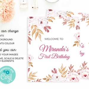 May include: A printable invitation for a first birthday party with a floral design. The invitation says "Welcome to Miranda's First Birthday".