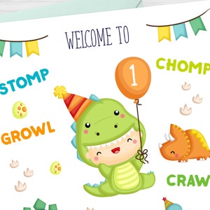 May include: A white card with a green dinosaur wearing a party hat and holding a balloon that says "1". The card says "Welcome to" at the top and has the words "Stomp", "Growl", "Chomp", and "Crawl" around the dinosaur.