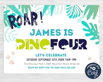 Dino Four Birthday Invitation: Editable Dinosaur Party (Digital Download)