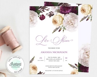 May include: A printable bridal shower invitation with a floral design featuring white and burgundy roses. The text reads "Let's Shower" and "The Bride to Be Amanda Nicholson". The invitation includes the date, time, location, RSVP information, and registry details.
