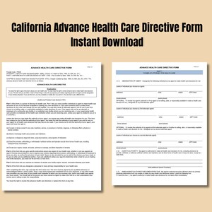 May include: A printable California Advance Health Care Directive Form and Power of Attorney for Health Care form. The form is a legal document that allows you to designate someone to make health care decisions for you if you are unable to do so yourself. The form includes instructions on how to complete it and what information to include.
