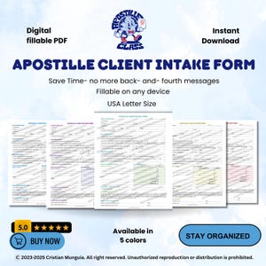Apostille Client Intake Form| Fillable PDF| Apostille Agent and Notary Public Receipt Template| Apostille Appointment Checklist