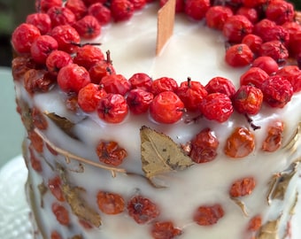 May include: A cylindrical white wax candle featuring a flat wooden wick at the center. The top surface is decorated with a dense ring of bright red berries. The exterior sides are embedded with scattered dried red berries and small brown leaves.