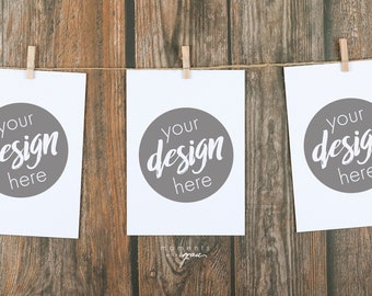 Hanging Blank Cards on Rustic White Wood Background Mockup | Etsy