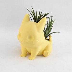 May include: A yellow ceramic planter shaped like a cartoon character, with a small green air plant growing inside.
