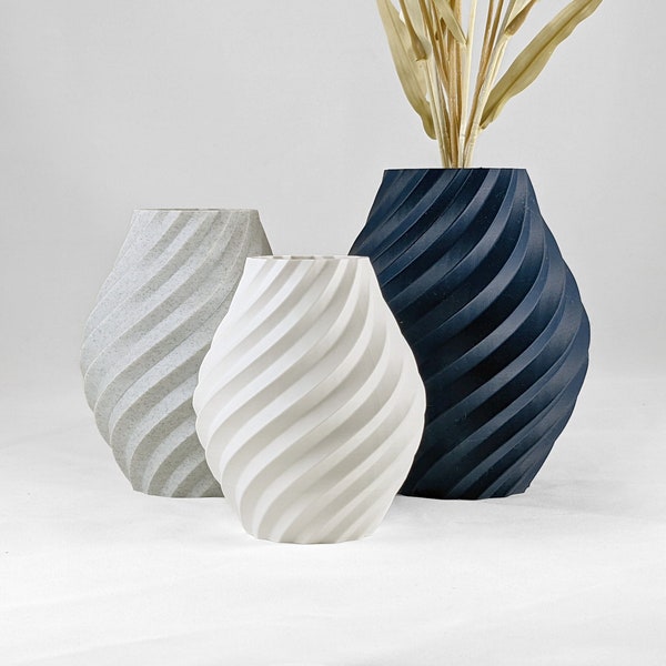 Swirl Decorative Vase Ornament I Navy, White, Stone I 3D Print Flower Vase Elegant Modern Vase