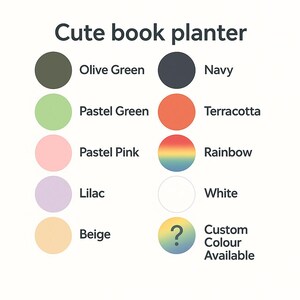 K&ouml;nnte beinhalten: Farbtabelle f&uuml;r einen Buch-Pflanzk&uuml;bel mit verschiedenen Farboptionen wie Olivgr&uuml;n, Marine, Pastellgr&uuml;n, Terrakotta, Pastellrosa, Regenbogen, Flieder, Wei&szlig; und Beige. Individuelle Farben sind verf&uuml;gbar.