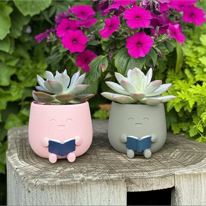 K&ouml;nnte beinhalten: Zwei Sukkulenten in skurrilen, l&auml;chelnden rosa und gr&uuml;nen T&ouml;pfen, die jeweils ein blaues Buch halten. Der Hintergrund zeigt leuchtend rosa Bl&uuml;ten und gr&uuml;nes Laub, wodurch eine fr&ouml;hliche, gartenbezogene Darstellung entsteht.