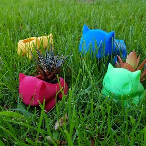May include: Four colorful ceramic planters shaped like cartoon cats, with two of the planters containing small succulents. The planters are in shades of yellow, red, blue, and green, and are sitting on a bed of green grass.