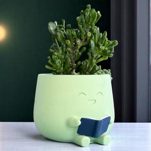K&ouml;nnte beinhalten: Ein hellgr&uuml;ner, l&auml;chelnder Blumentopf, der ein kleines, blaues Buch h&auml;lt, mit einer gr&uuml;nen Sukkulentenpflanze darin. Der Topf hat ein cartoonartiges Design mit Armen und Beinen. Die Pflanze hat viele kleine, gr&uuml;ne, zylindrische Bl&auml;tter.