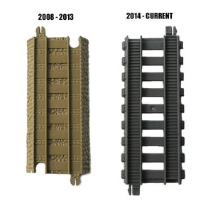 May include: Two pieces of plastic train track, one brown and one gray. The brown track is labeled "2008 - 2013" and the gray track is labeled "2014 - CURRENT".