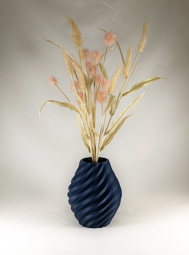 Swirl Decorative Vase Ornament I Navy, White, Stone I 3D Print Flower