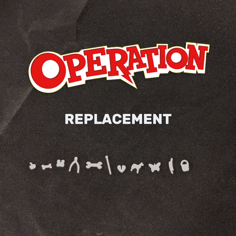 May include: A black and white image with the text "OPERATION" in red and white letters with a red circle around the "O". The text "REPLACEMENT" is below the word "OPERATION".  There are several small white symbols below the text.