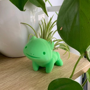 May include: A green ceramic planter shaped like a cartoon animal with a small air plant growing inside. The planter is sitting on a wooden shelf.