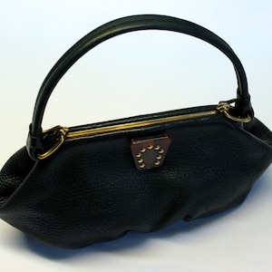 Vintage black leather bag Black purce bag Leather clutch Leather handbag with sign horseshoe in clasp