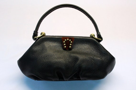 Vintage black leather bag Black purce bag Leather… - image 2
