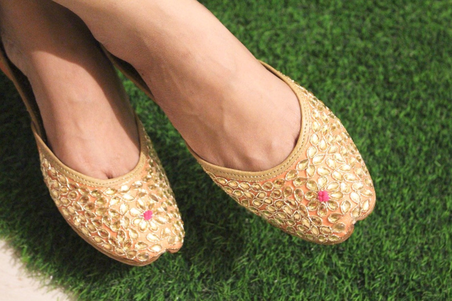 kundan golden handmade embroidered leather ballet flats -- kundan juttis /mojari