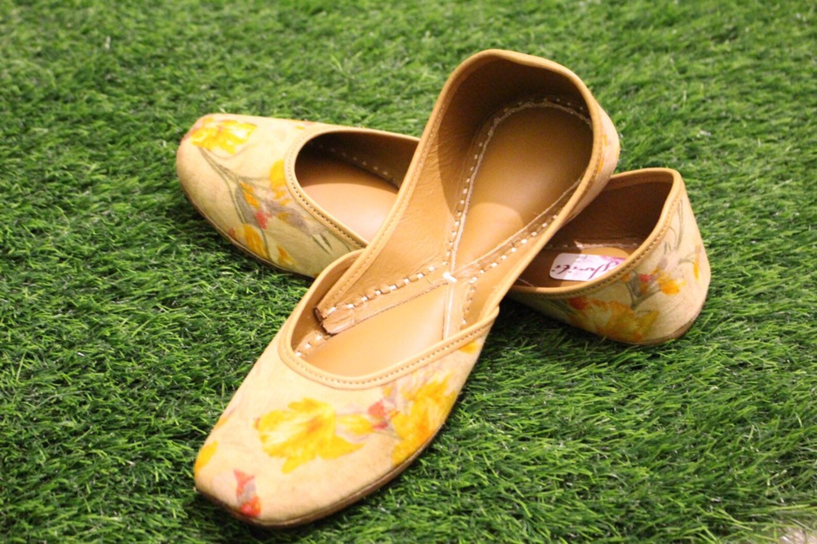 handmade leather ballet shoes --juttis /mojari yellow floral design