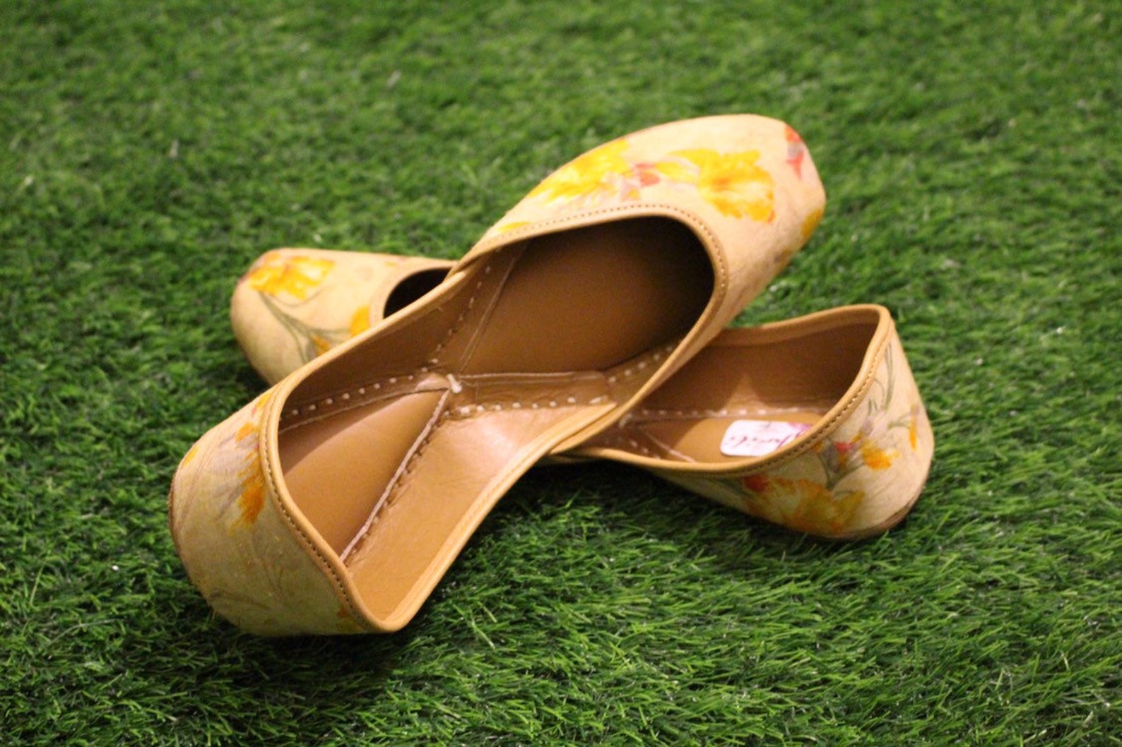 handmade leather ballet shoes --juttis /mojari yellow floral design