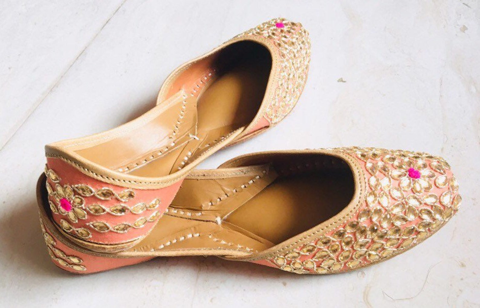 kundan golden handmade embroidered leather ballet flats -- kundan juttis /mojari