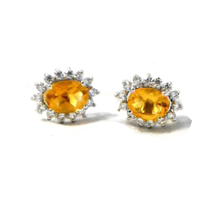 American Diamond Cluster Studs Natural CITRINE STUDS EARRINGS in 925 Sterling Silver 13th Anniversary Gift Yellow Oval Cut Stones