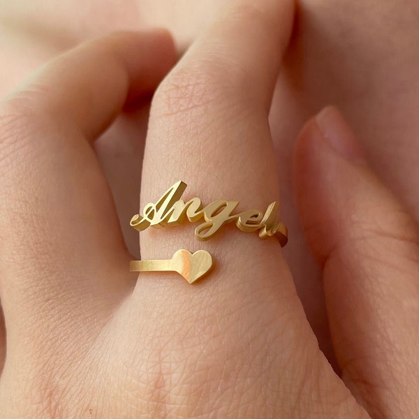 Personalized Name Ring Gold With Heart, Custom Name Ring Birthday Gift Christmas Gifts Ring For Women