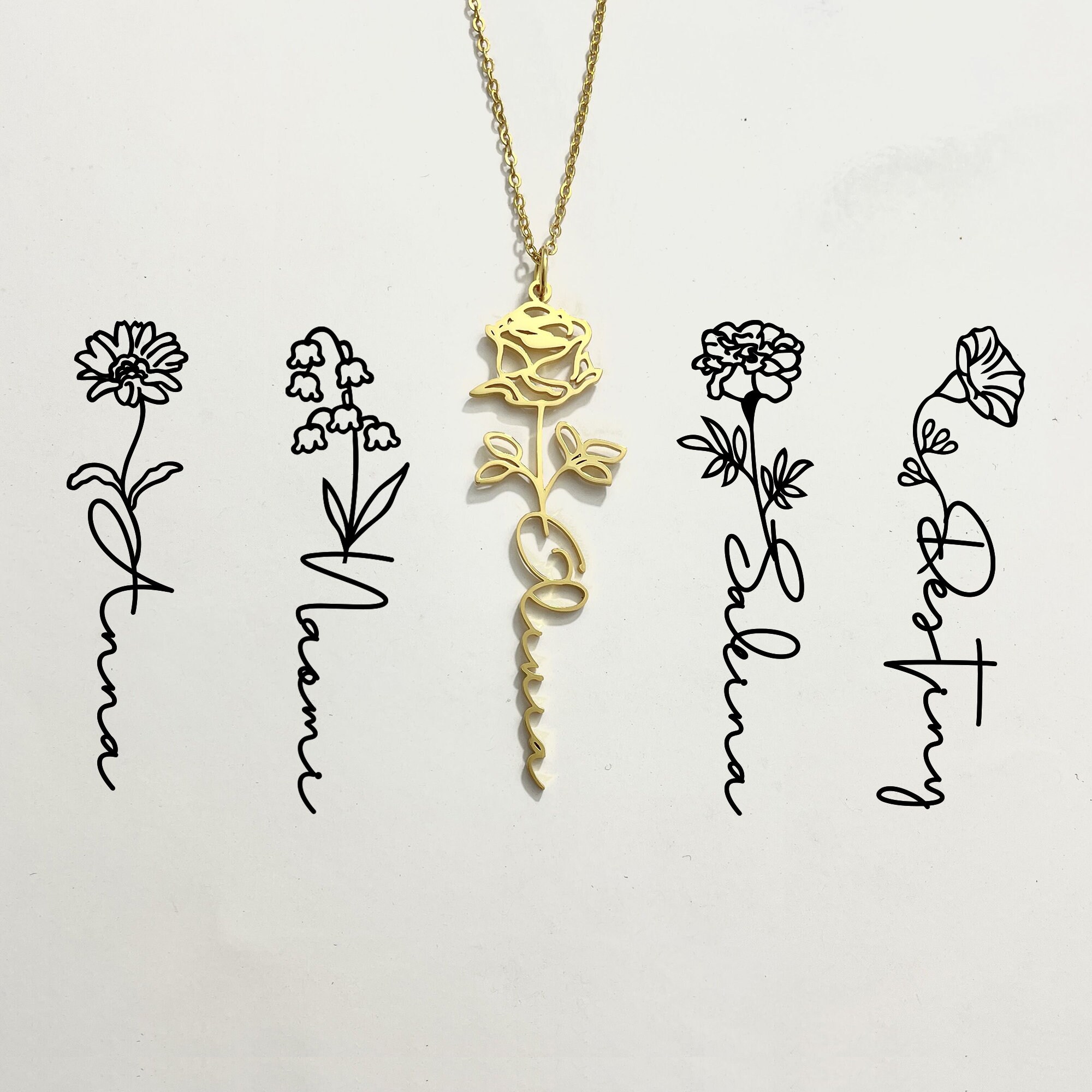 Custom Name Necklace Birth Flower Month Floral Name Necklace Etsy