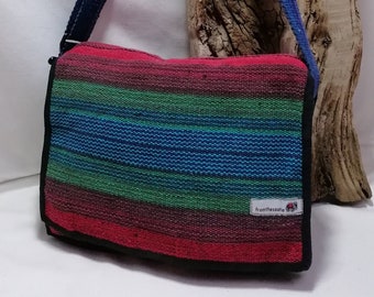 Fair trade Gheri Cotton  Flap Over Zipped Top Hand Bag Purse Blue and Black Stripe Unisex