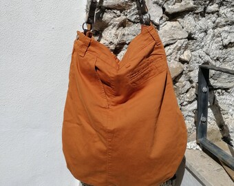 Upcycled Handmade Bag Caramel Canvas Trousers, Adjustable Leather Belt Handle Fully Lined