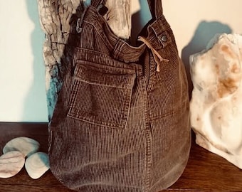 Corduroy Jeans Bag. Zero waste, Large Upcycled Brown Cord Sack / Shoulder Purse with Original Jeans features.