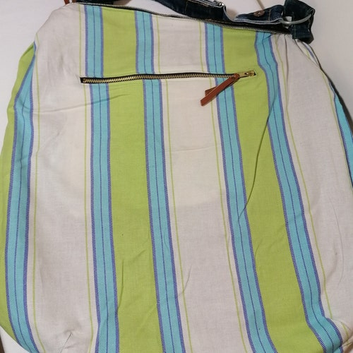 Hotsell Extra Large Recycled Denim Jeans Two Sided Bag Fully lined with Heavy Cotton Striped Sack Purse Weekend Bag