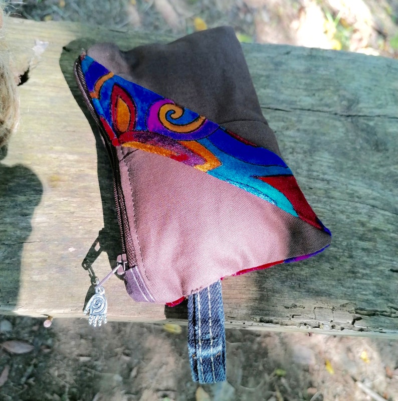 Handmade Unisex Upcycled brushed cotton coin purse makeup bag travel wallet zipper pouch unique sustainable
