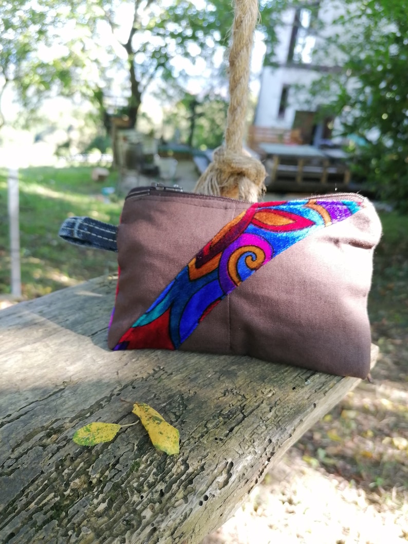 Handmade Unisex Upcycled brushed cotton coin purse makeup bag travel wallet zipper pouch unique sustainable