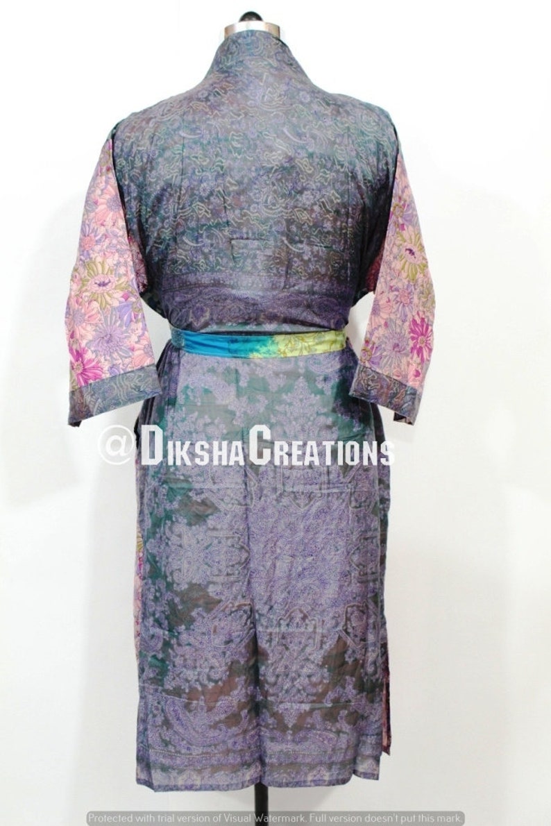 Old Pure Silk Sari Kimono Handmade Patchwork Long Kaftan Robe Womens Night Wear Robe Soft Sari Beach Kimono Bohemian Silk Sari Gown