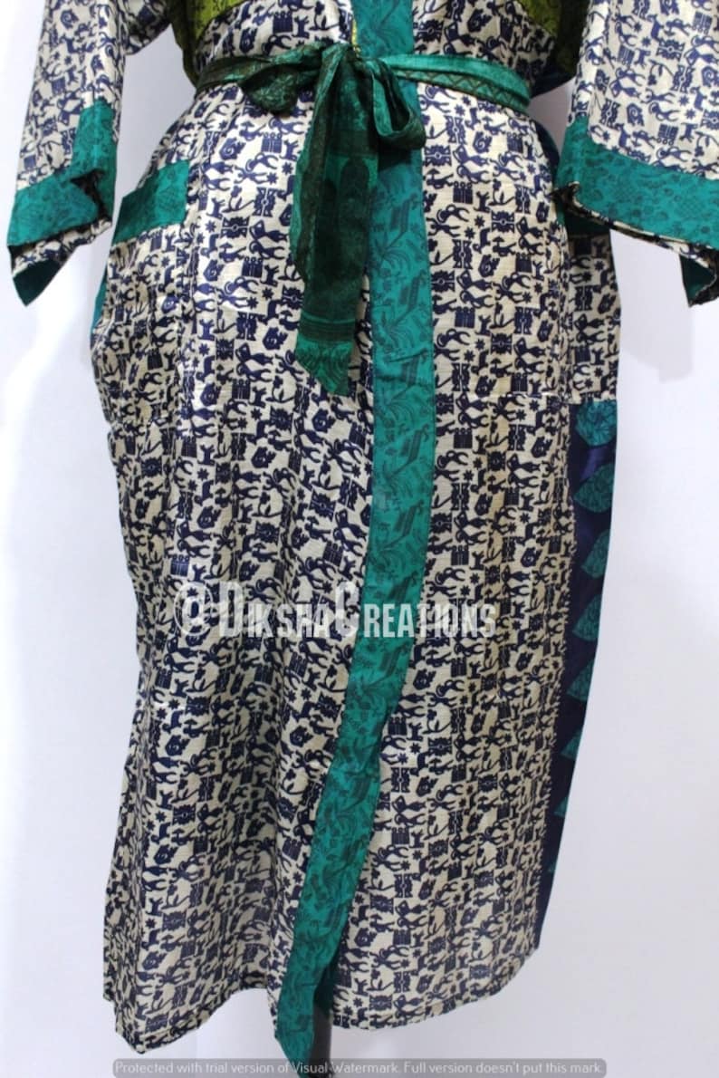 Bohemian Art Silk Sari Kimono Long Kaftan Robe Womens Night Wear Robe Vintage Soft Sari Patchwork Beach Kimono Handmade Silk Sari Gown