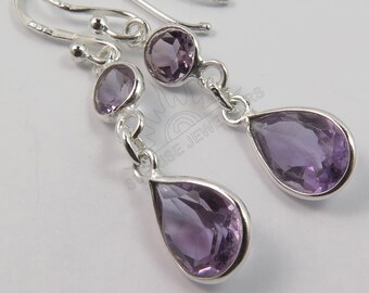 925 Sterling Silver, Purple Amethyst Earring, Handmade Earring, Faceted Earring, Pear Or Round Purple Amethyst Earring, Purple Stone Earring