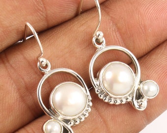 Pendiente de perlas naturales de agua dulce, pendientes hechos a mano para ella, plata de ley 925, pendientes de perlas redondas, regalo para mamá, pendiente de dama de honor