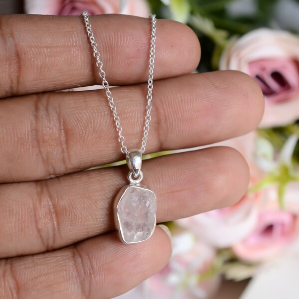 Rough Rose quartz necklace, Raw Rose quartz pendant, 925 Sterling Silver chain and pendant, Natural Stone Crystal necklace, Gift For Her