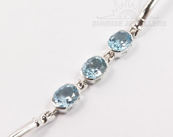 December Birthstone, Blue Topaz Bracelet, Natural Topaz Gemstone, 925 Sterling Silver, Handmade Jewelry, Dainty Bracelet, Gift For Her