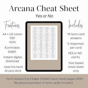 Op de afbeelding: Digitale download van een "Arcana Cheat Sheet" met "Ja of Nee" duidelijkheid. De PDF bevat 8 afdrukbare pagina's met 78 tarotkaartantwoorden en 5 antwoorden per kaart. Bevat A4- en US Letter-formaten. Alleen tekstgebaseerde cheat sheet.