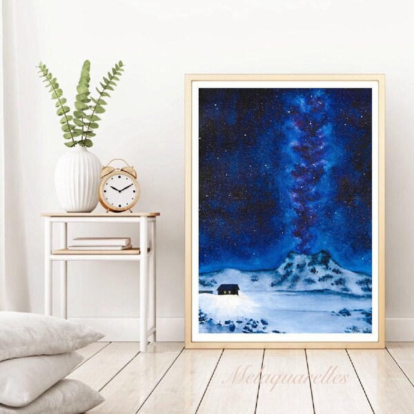 Winter Milky Way || Impréssion aquarelle, fine art, peinture de l'espace, galaxie, voie lactée, univers, wall decor, étoiles, neige paysage