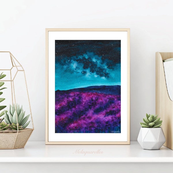 Milky Way in the Violet Field  || Impression aquarelle, fine art, peinture, galaxie, fleurs, décoration d’intérieur, wall decor, voie lactée