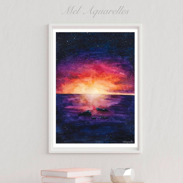 Crépuscule || Impression aquarelle, peinture, nature, plage, ocean, coucher de soleil, décoration, étoiles, ciel de nuit, couleur dark blue