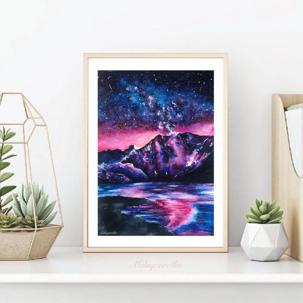 Evening lights || Impression aquarelle fine art peinture galaxie coucher de soleil décoration intérieur tableau wall decor constellation
