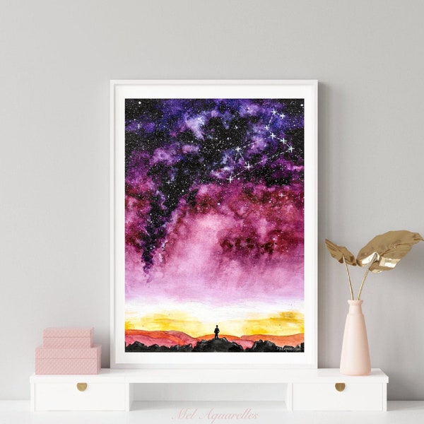 Lion constellation || Impression aquarelle, fine art, peinture, galaxie, coucher de soleil, décoration d’intérieur, wall decor constellation