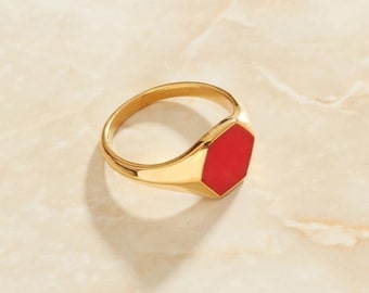 Gold Hexagonal Red Set Signet Ring