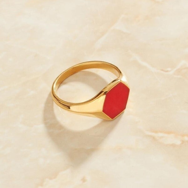 Gold Hexagonal Red Set Signet Ring