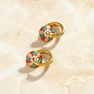 Gold Floral Enamel Loop Earrings