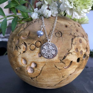 Fine silver flower pendant with pale blue fresh water pearl - Precious Metal Clay PMC